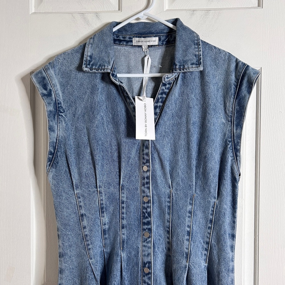 Torn By Ronny Kobo Edie Pleat Waist Denim Shirt Dress size Large $228 NWT - Picture 7 of 13